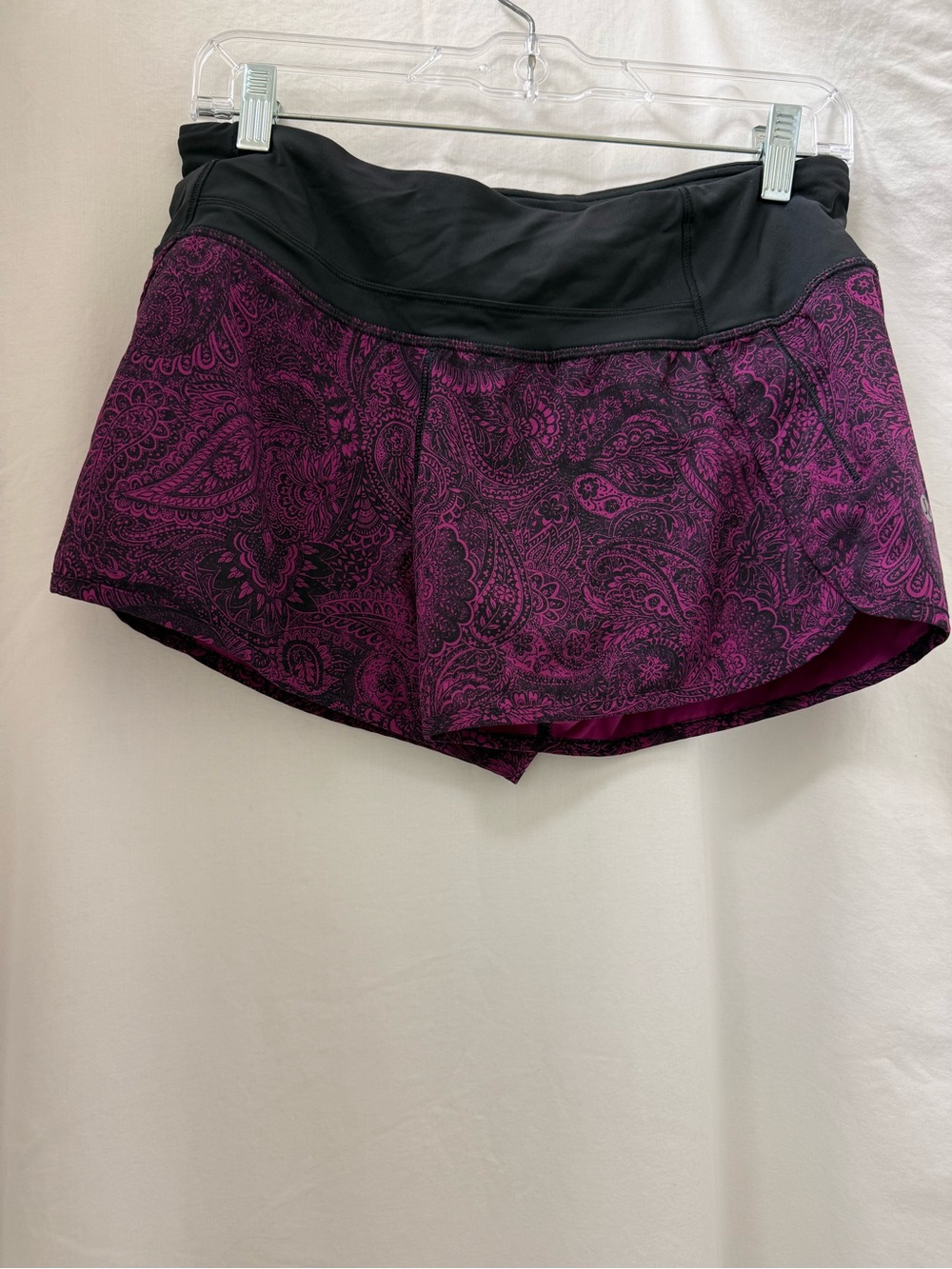 Lululemon Women's Purple Paisley Athletic Shorts with Black Waistband